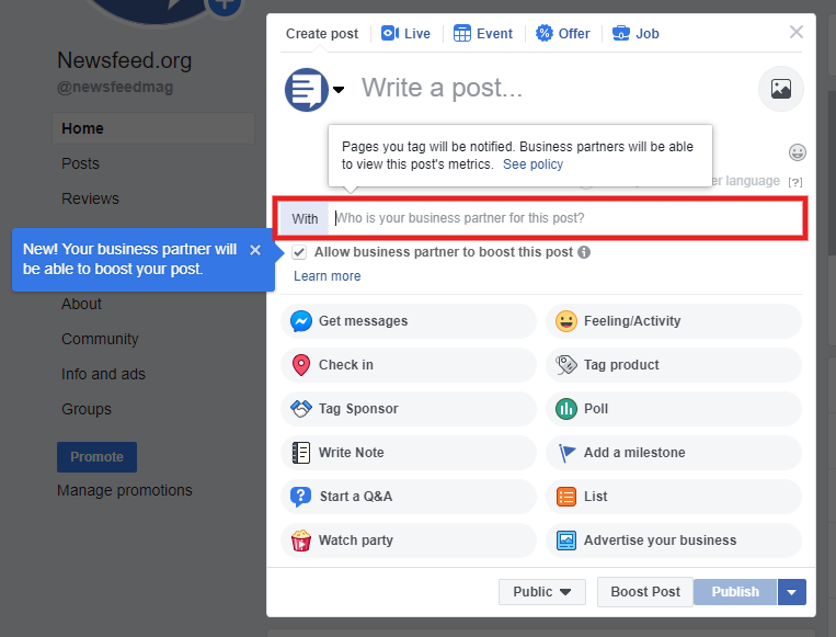 How to add paid partnership on facebook