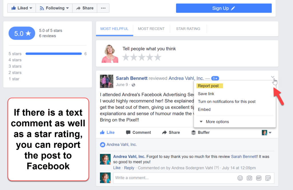 What does a Facebook review include?