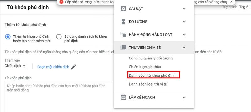 Thêm từ khóa phủ định vào chiến dịch mua sắm như thế nào