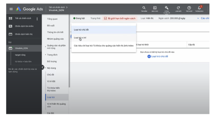 thiết lập danh sách loại trừ vị trí quảng cáo của Google