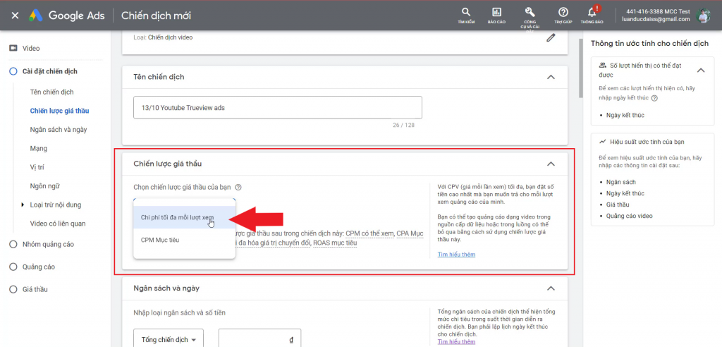 Thông số quảng cáo trueview của youtube trong quá trình thiết lập chiến dịch