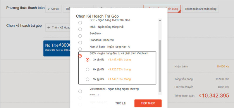 Tại sao hệ thống báo lỗi khi chọn Trả góp Shopee bằng thẻ ghi nợ?